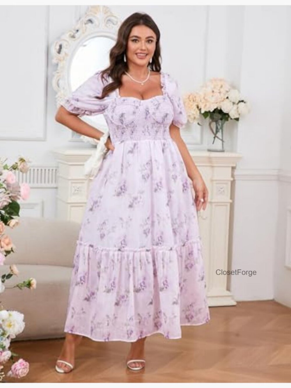 Plus Size Floral Maxi Dress Puff Sleeve Smocked Corset Cottagecore - Picture 6 of 7